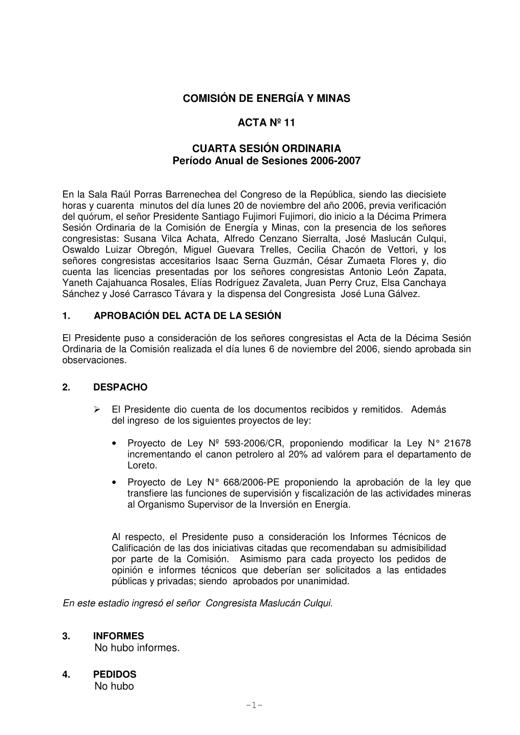 Comisión De Energía Y Minas Acta Nº 11 Cuarta Sesión