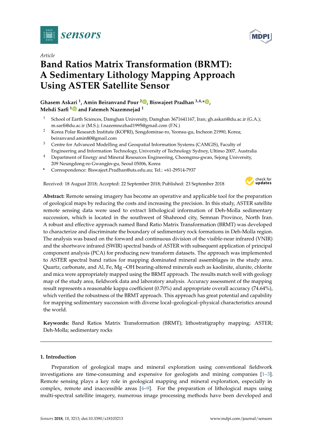 Band Ratios Matrix Transformation (BRMT): a Sedimentary Lithology Mapping Approach Using ASTER Satellite Sensor