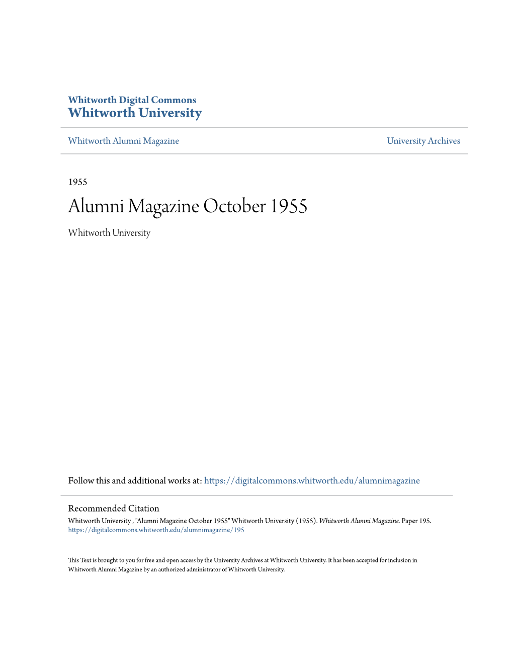 Alumni Magazine October 1955 Whitworth University