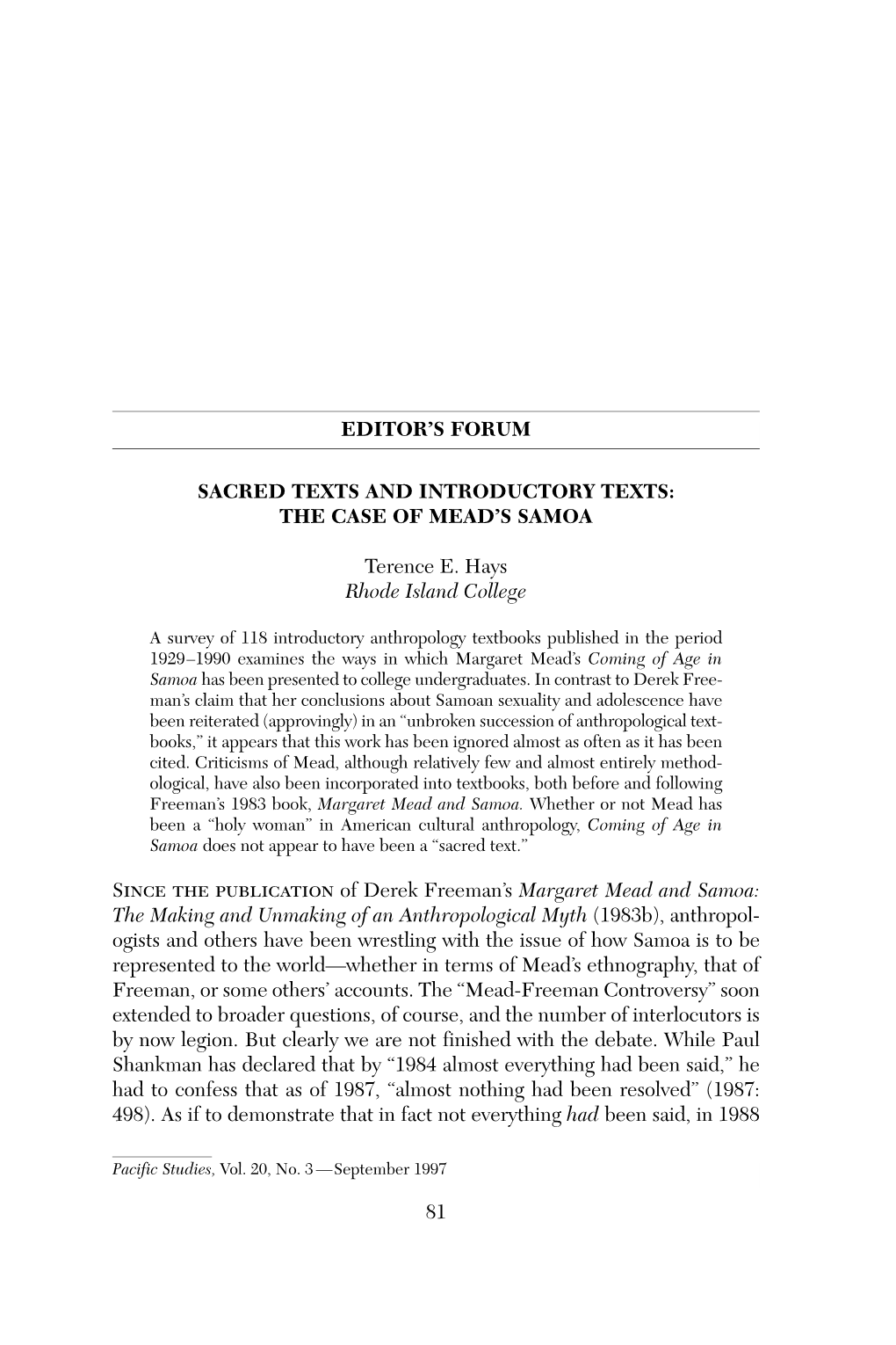 Sacred Texts and Introductory Texts: the Case of Mead's Samoa