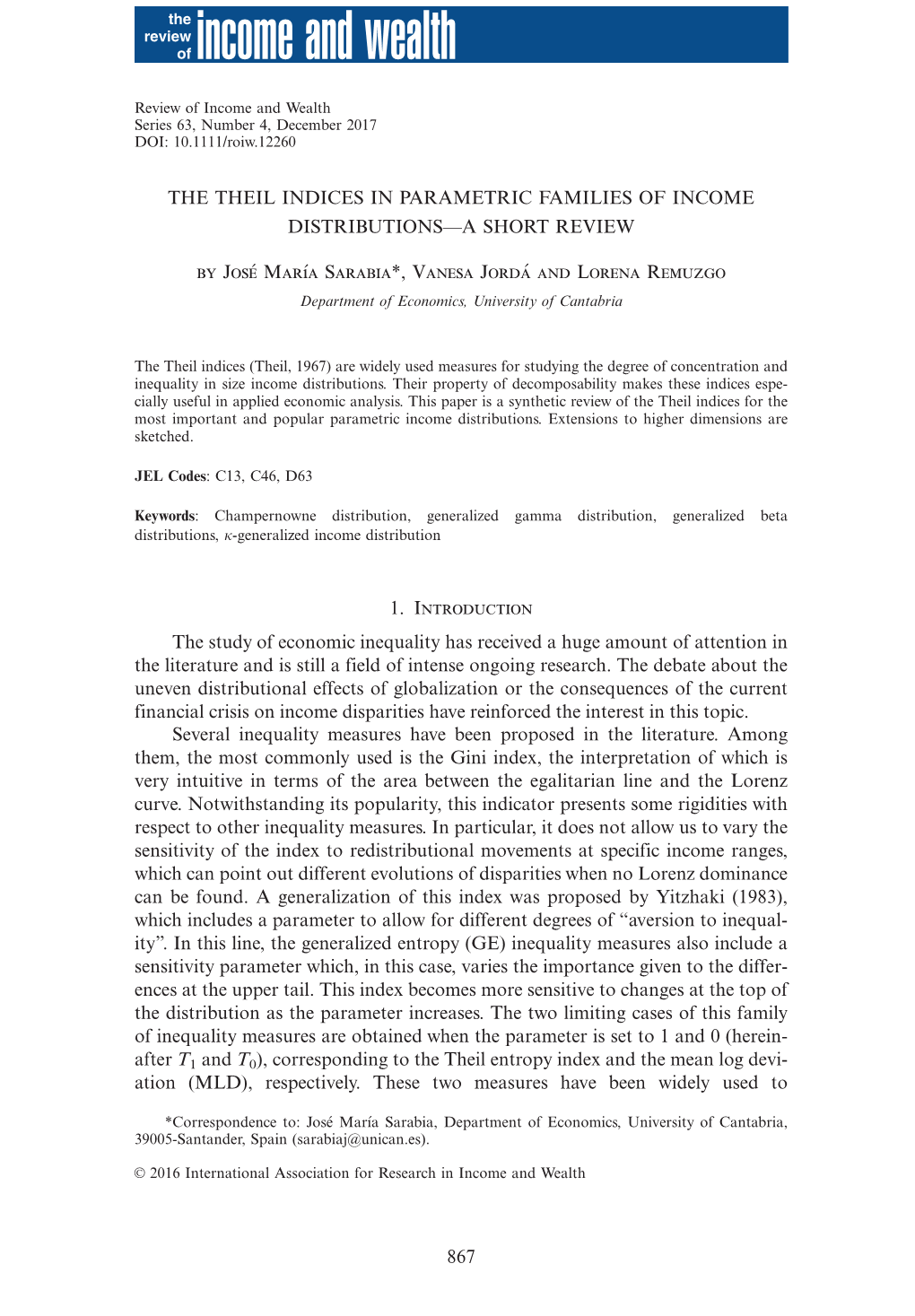 The Theil Indices in Parametric Families of Income Distributions—A Short Review