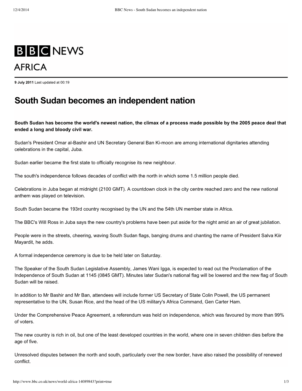 South Sudan Becomes an Independent Nation