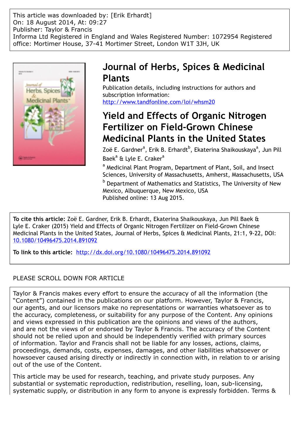 Journal of Herbs, Spices & Medicinal Plants Yield and Effects of Organic