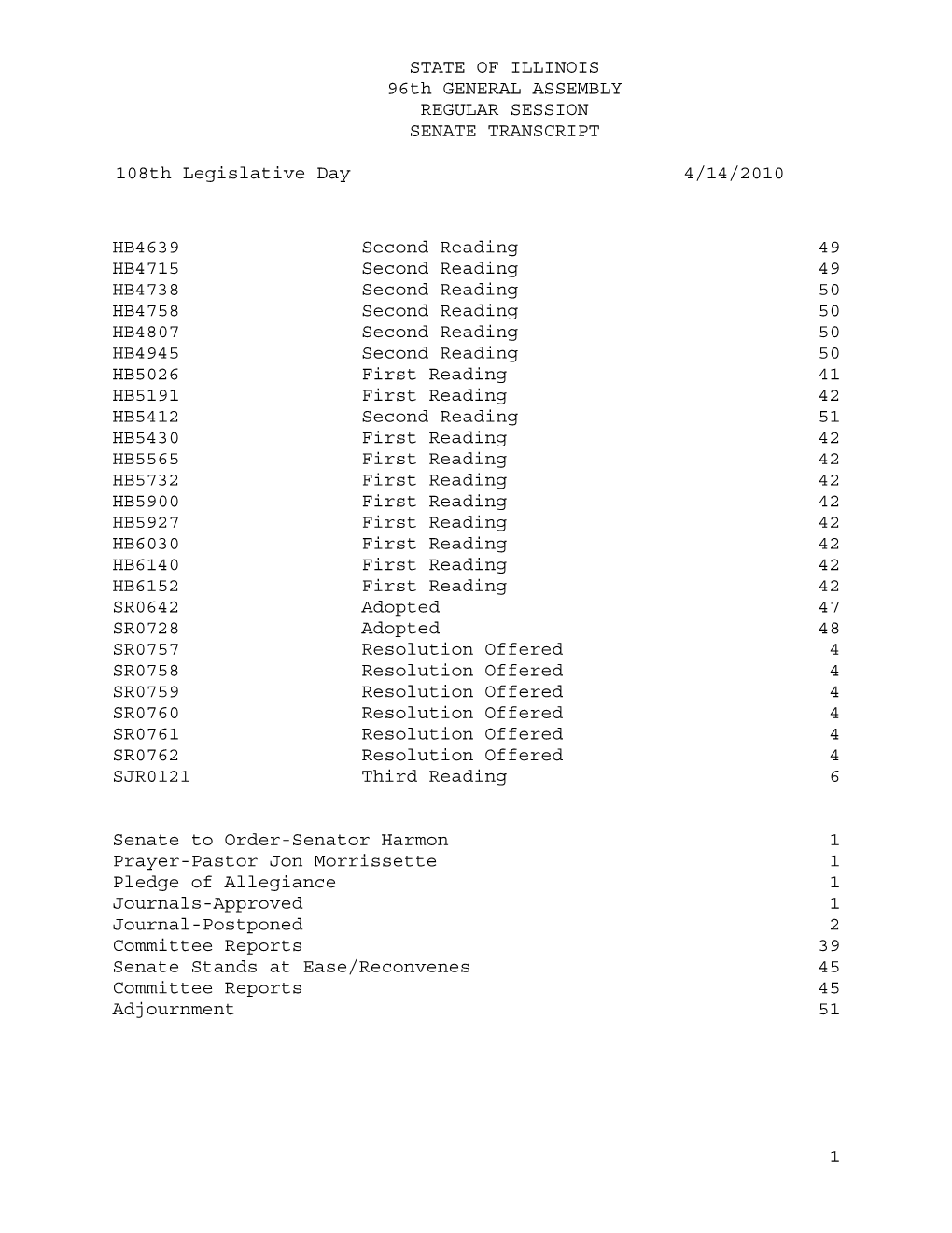 STATE of ILLINOIS 96Th GENERAL ASSEMBLY REGULAR SESSION SENATE TRANSCRIPT