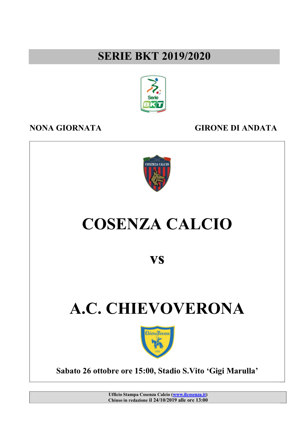 COSENZA CALCIO Vs A.C. CHIEVOVERONA