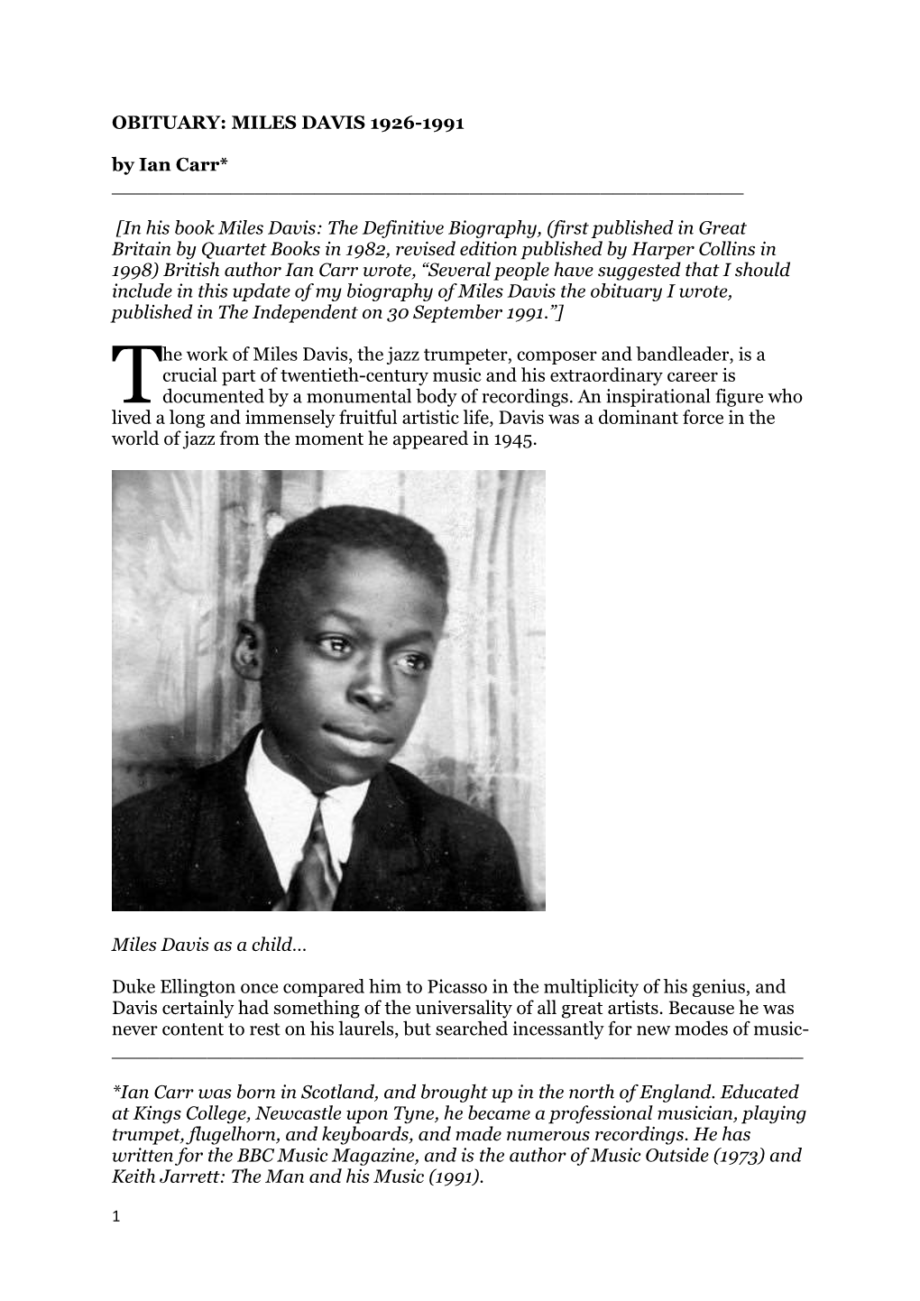 OBITUARY: MILES DAVIS 1926-1991 by Ian Carr* ______