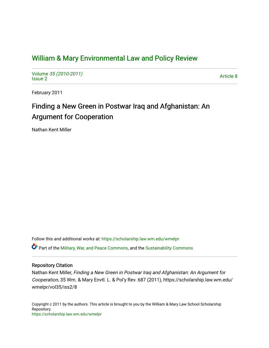 Finding a New Green in Postwar Iraq and Afghanistan: an Argument for Cooperation