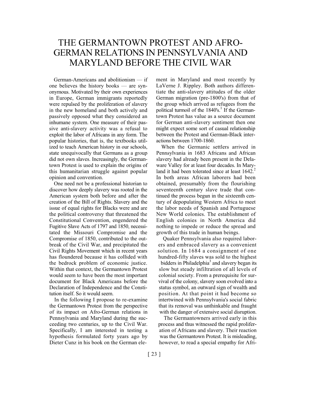 The Germantown Protest and Afro- German Relations in Pennsylvania and Maryland Before the Civil War