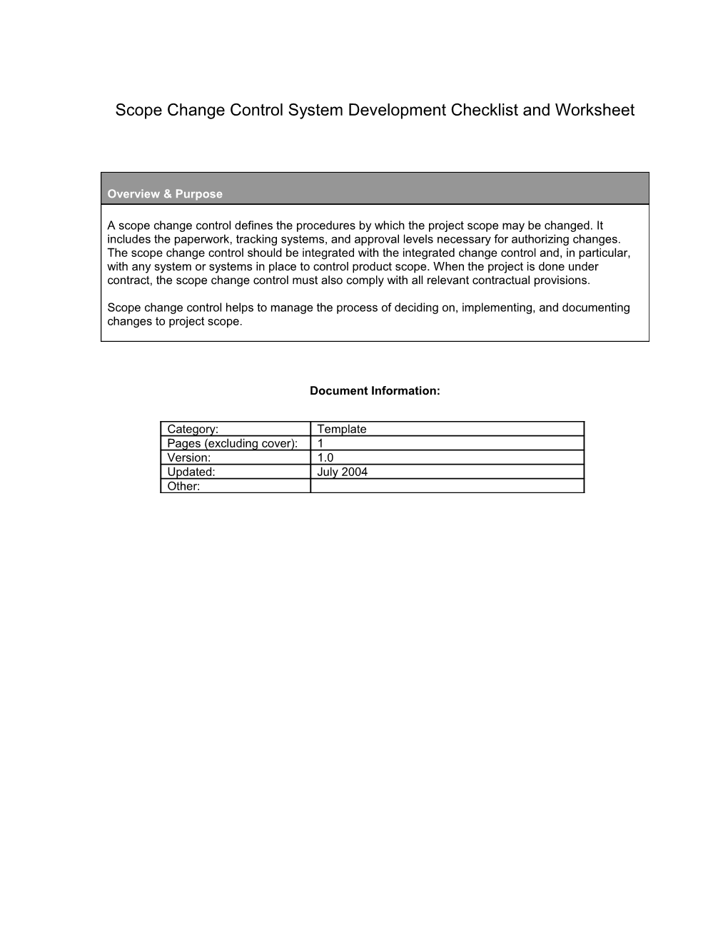 Scope Change Control System Development Checklist and Worksheet