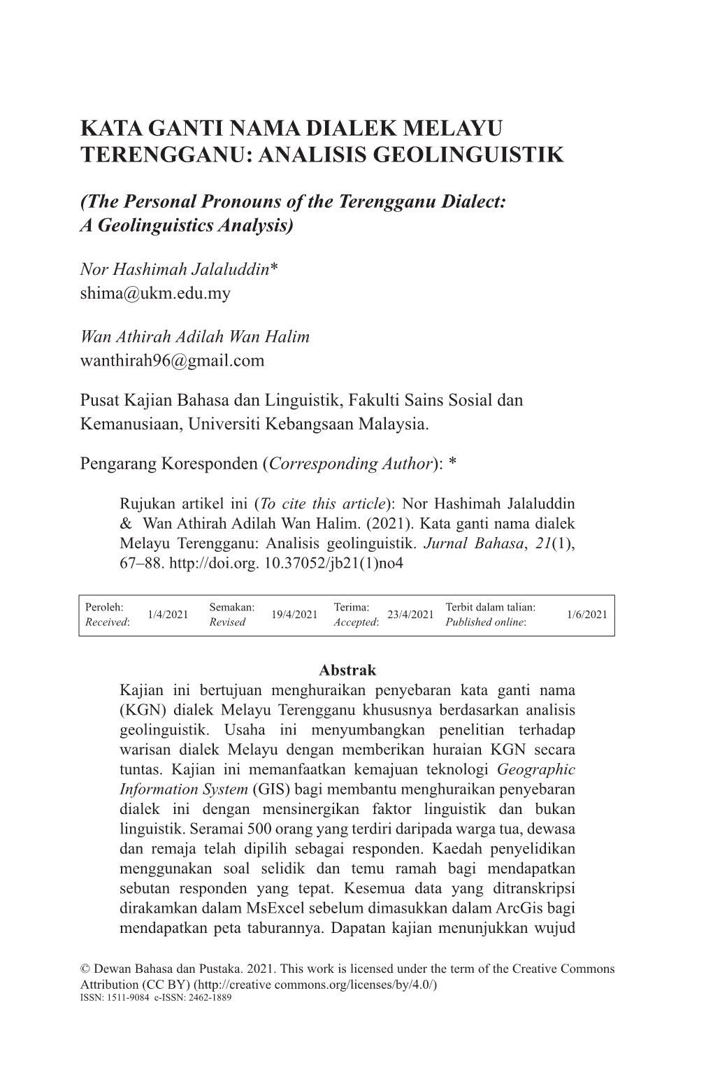 Kata Ganti Nama Dialek Melayu Terengganu: Analisis Geolinguistik