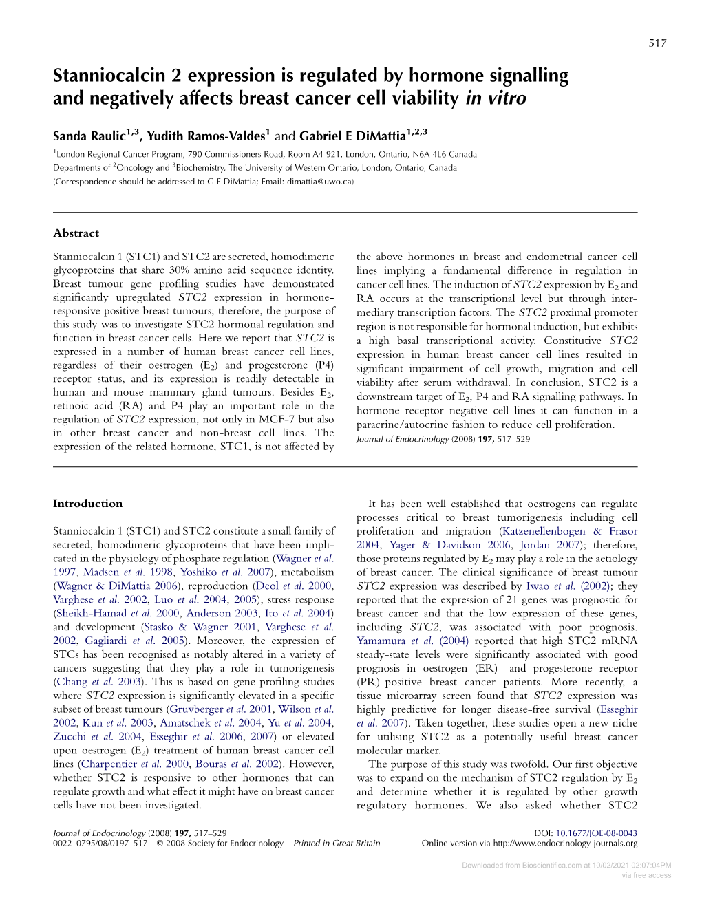 Stanniocalcin 2 Expression Is Regulated by Hormone Signalling and Negatively Affects Breast Cancer Cell Viability in Vitro