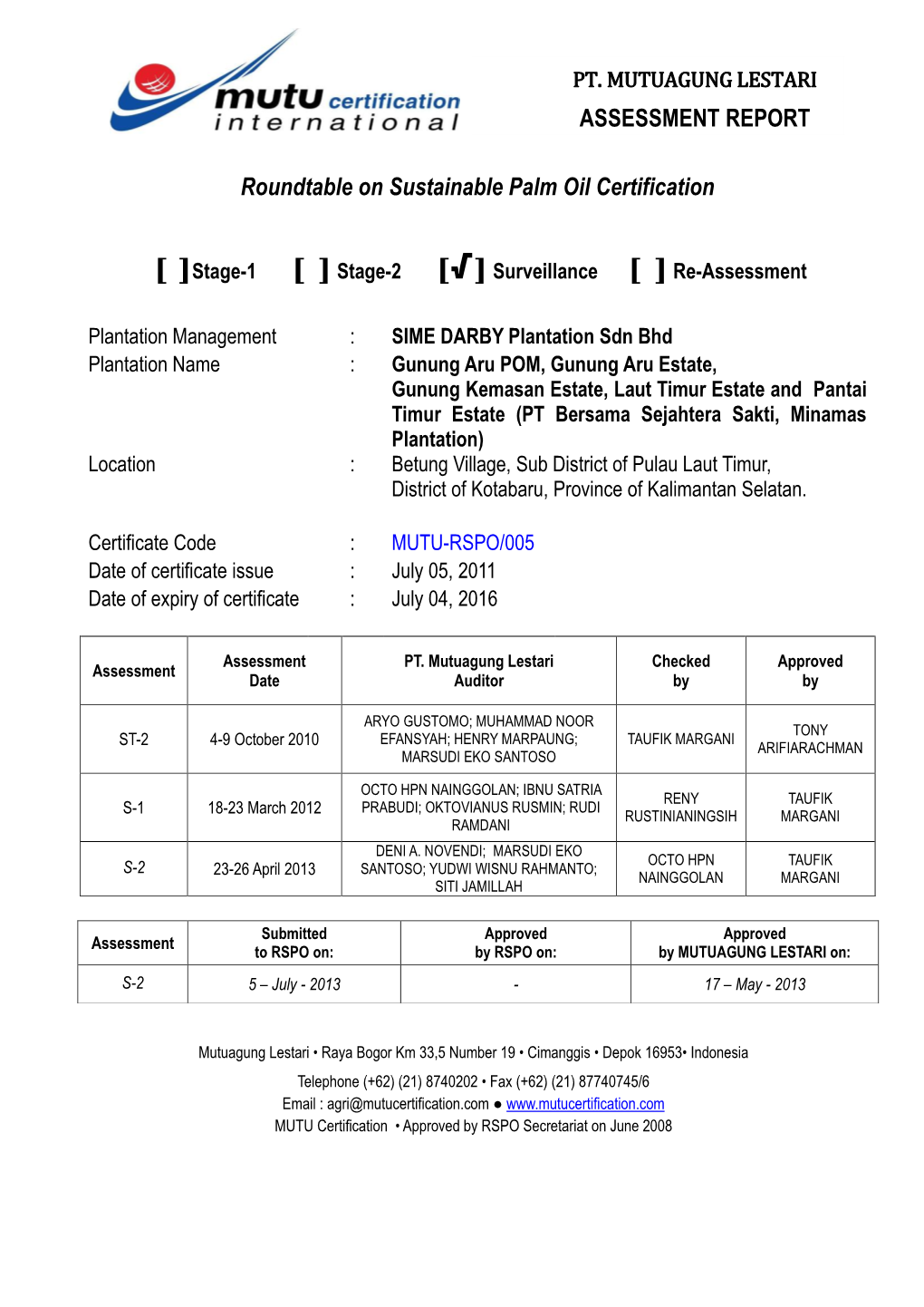 ASSESSMENT REPORT Roundtable on Sustainable Palm Oil Certification