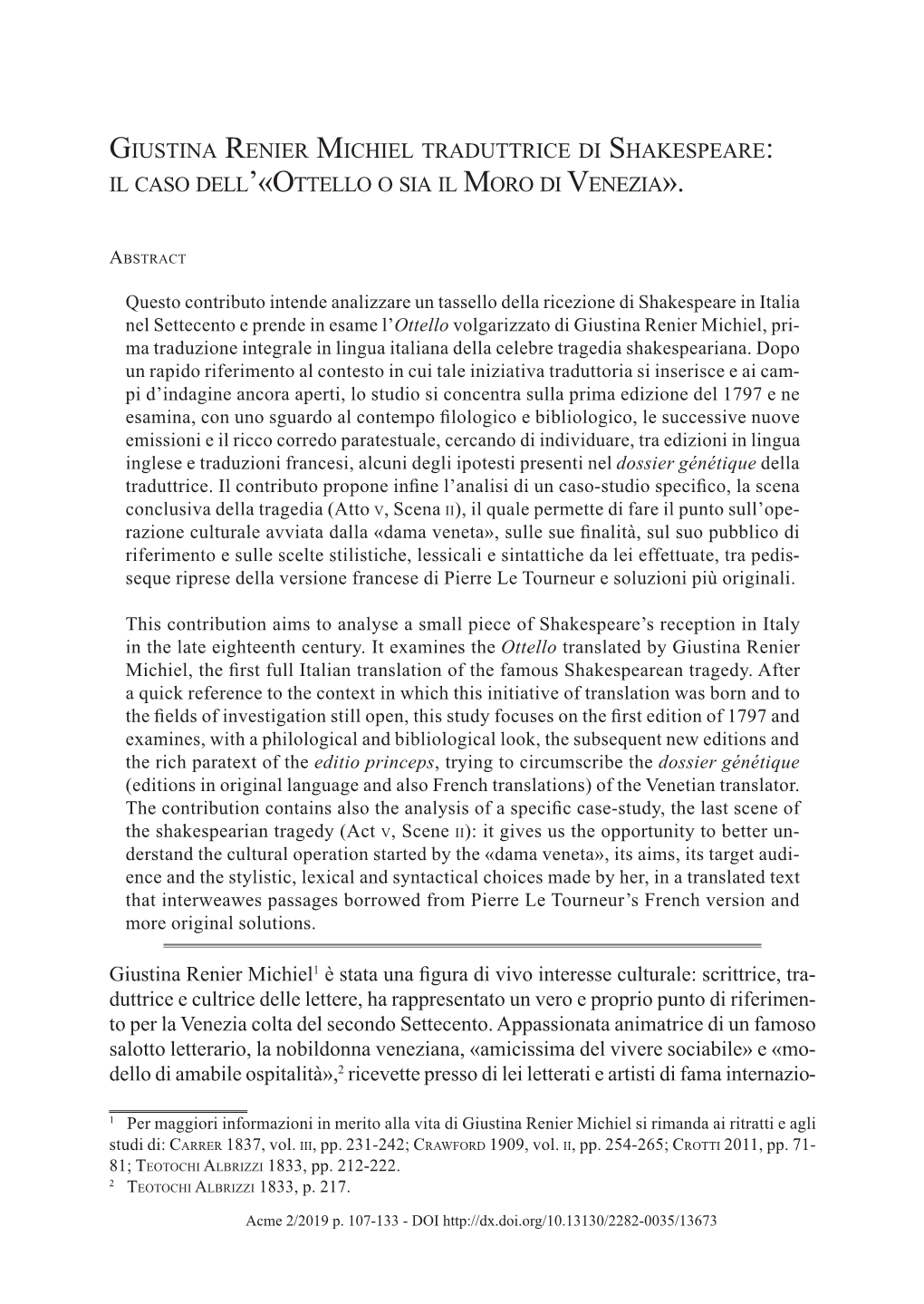 Giustina Renier Michiel Traduttrice Di Shakespeare: Il Caso Dell’«Ottello O Sia Il Moro Di Venezia»