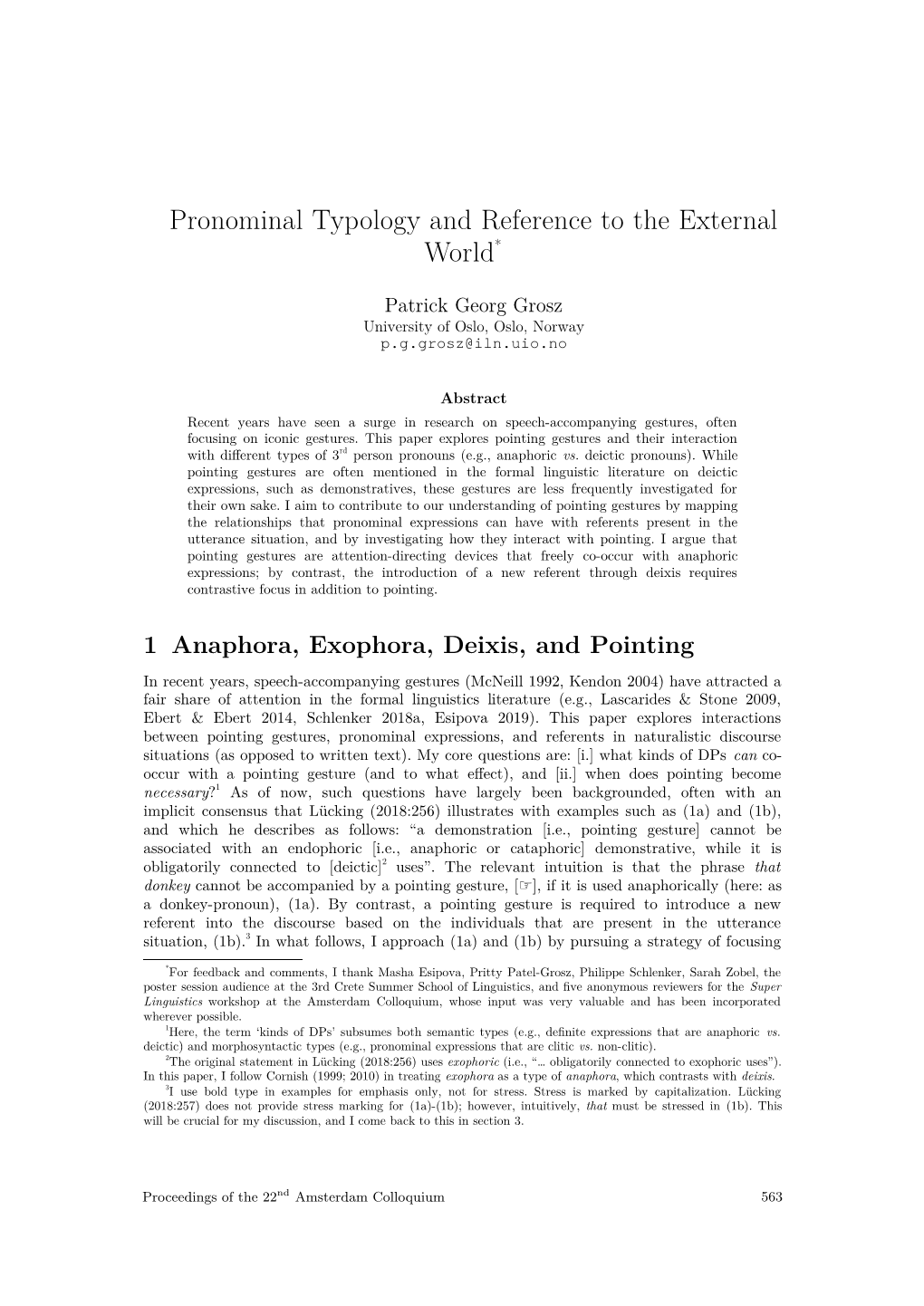 Pronominal Typology and Reference to the External World*