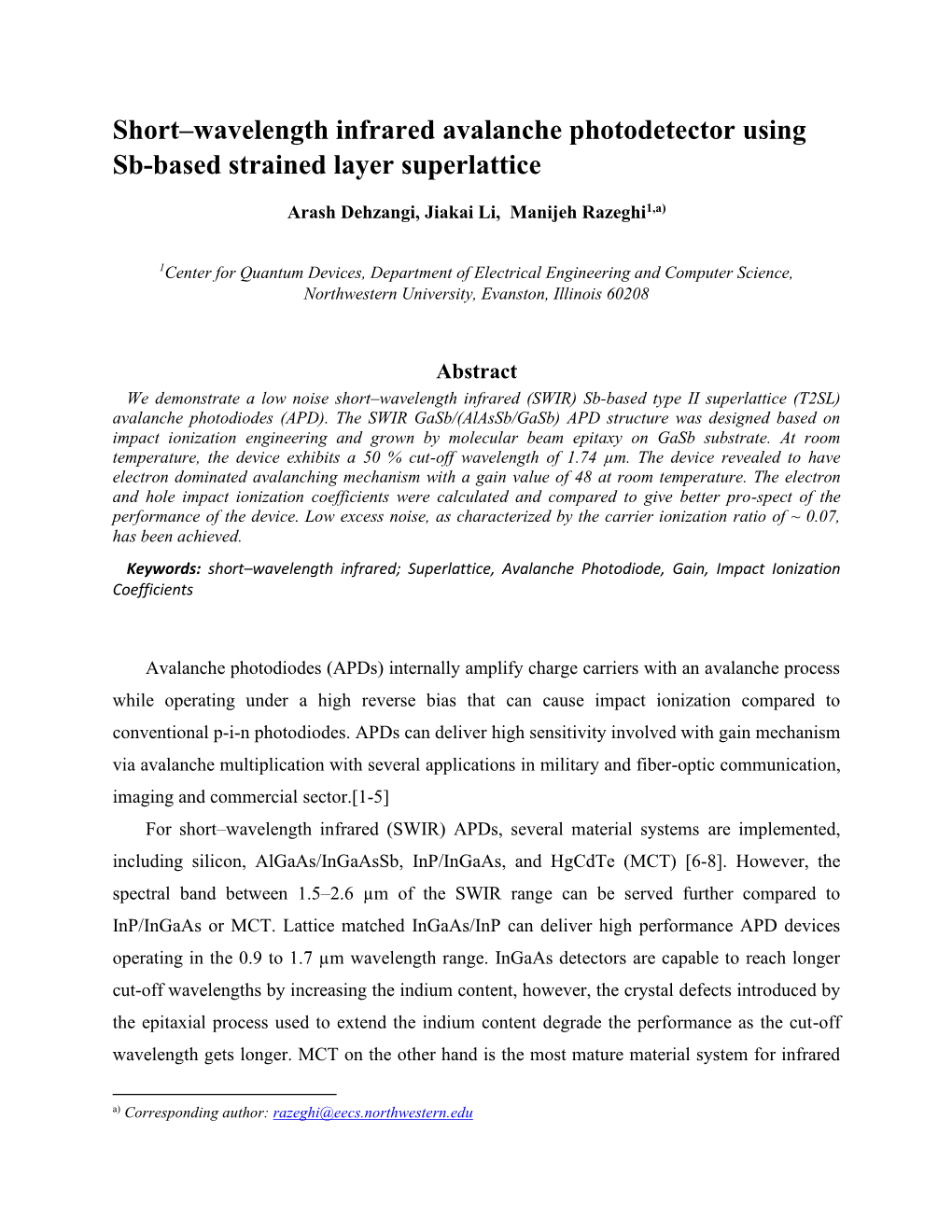 Short–Wavelength Infrared Avalanche Photodetector Using Sb-Based Strained Layer Superlattice