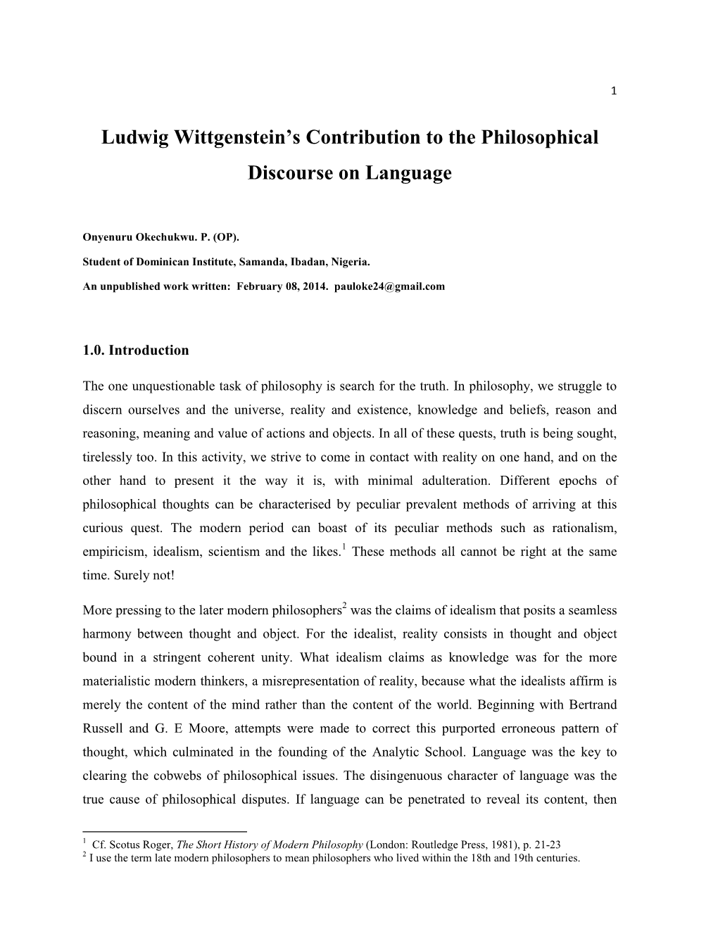 Ludwig Wittgenstein's Contribution to the Philosophical Discourse On
