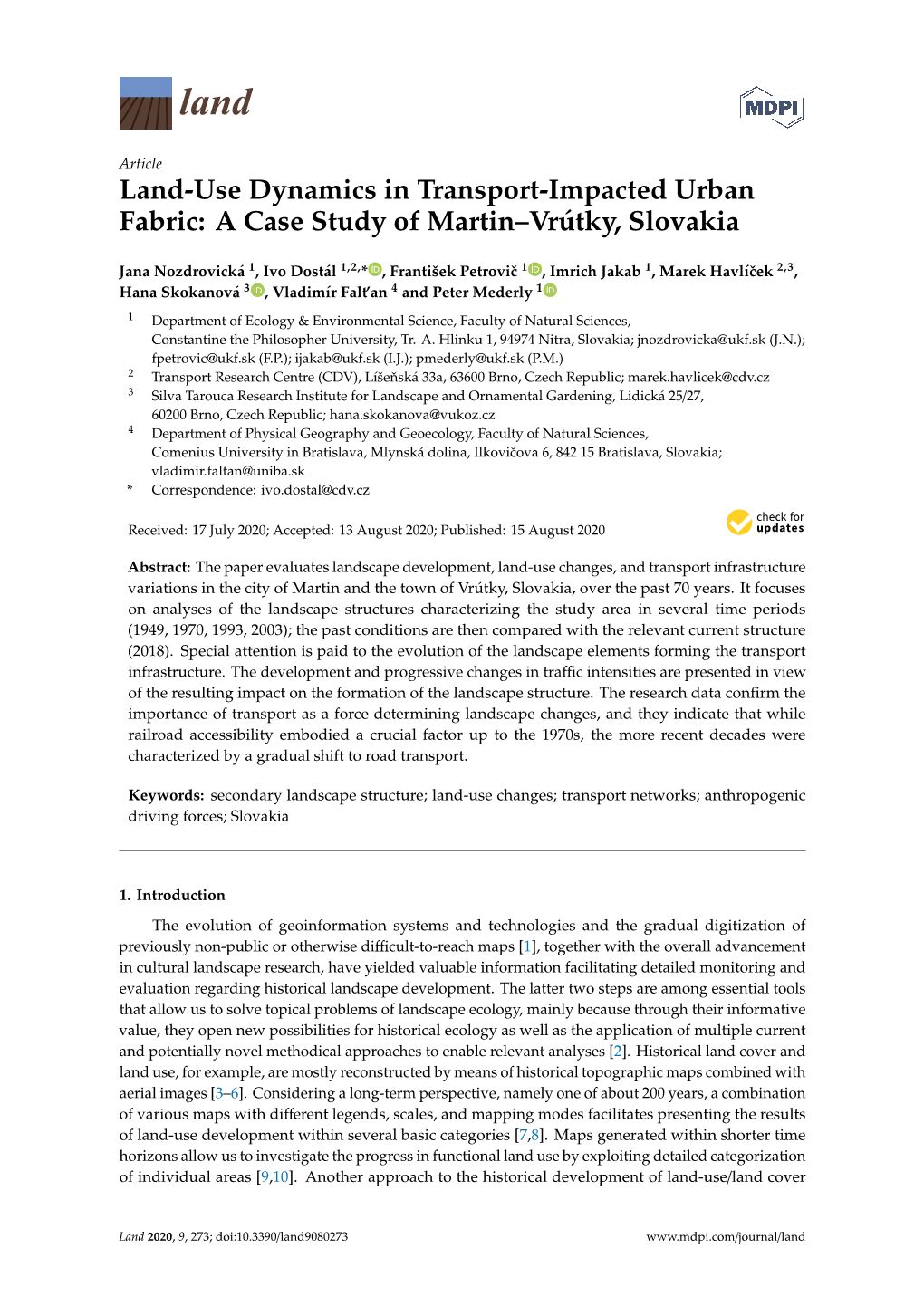 Land-Use Dynamics in Transport-Impacted Urban Fabric: a Case Study of Martin–Vrútky, Slovakia