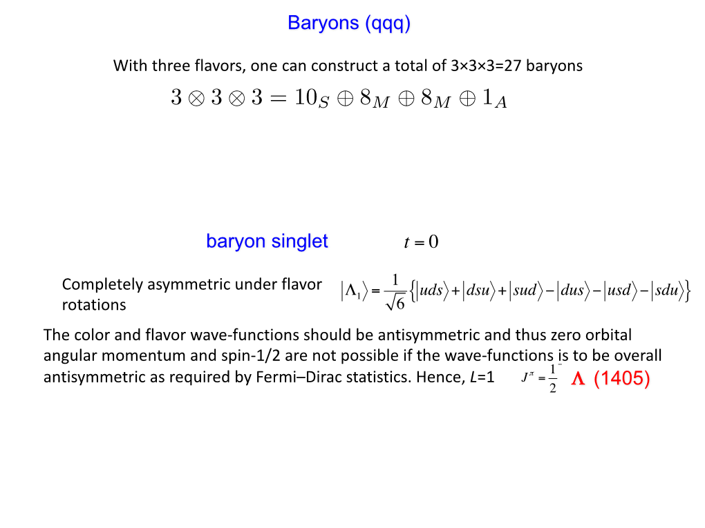 Baryons (Qqq) Baryon Singlet T = 0 Λ (1405)