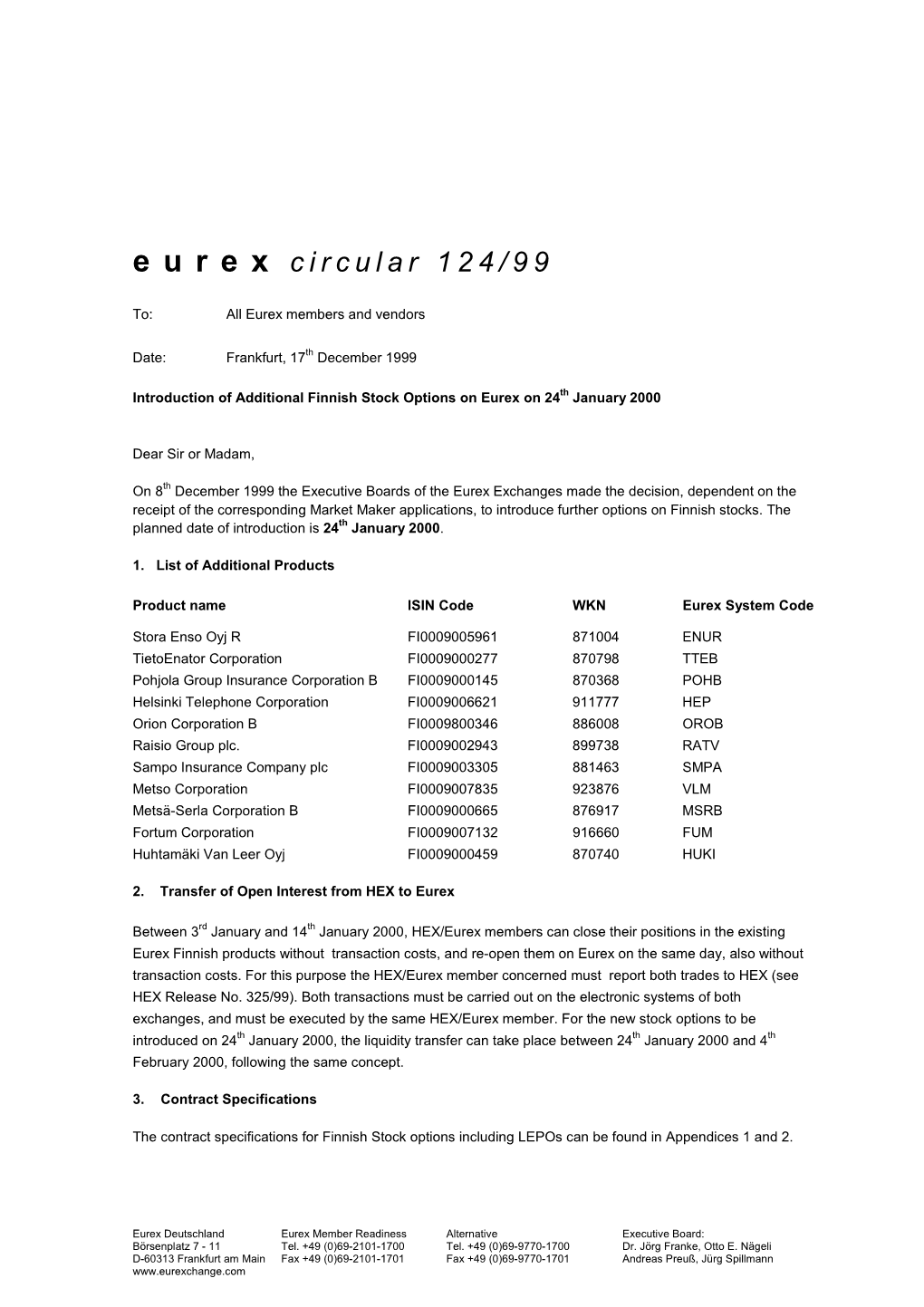 E U R E X Circular 124/99