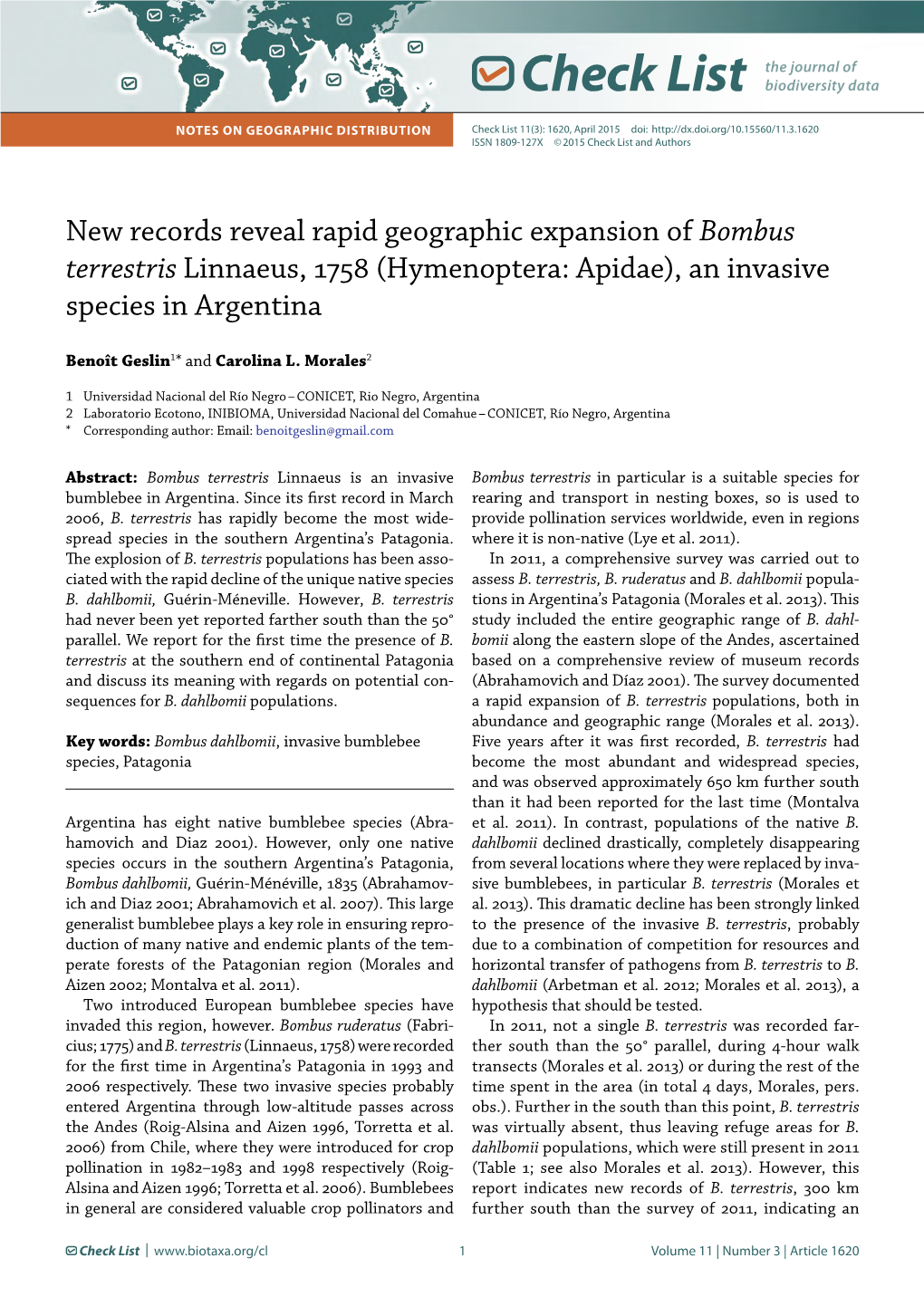 New Records Reveal Rapid Geographic Expansion of Bombus Terrestris Linnaeus, 1758 (Hymenoptera: Apidae), an Invasive Species in Argentina