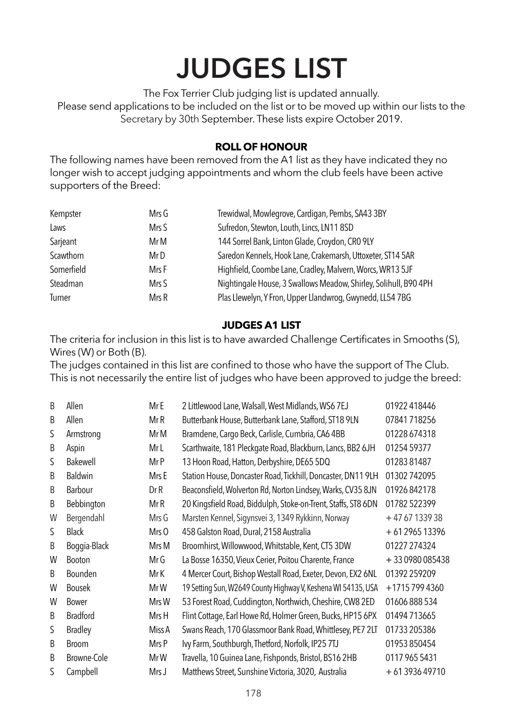 JUDGES LIST the Fox Terrier Club Judging List Is Updated Annually