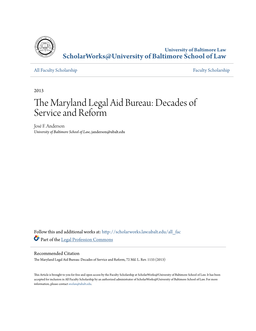 The Maryland Legal Aid Bureau: Decades of Service and Reform