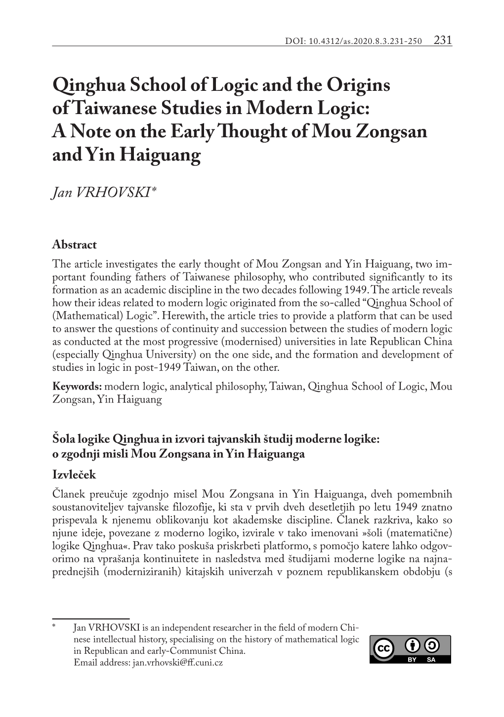 Qinghua School of Logic and the Origins of Taiwanese Studies in Modern Logic: a Note on the Early Thought of Mou Zongsan and Yin Haiguang