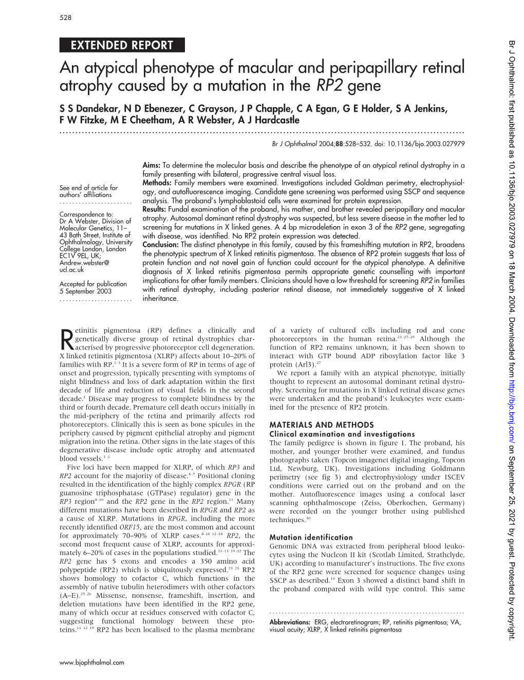 An Atypical Phenotype of Macular and Peripapillary Retinal Atrophy Caused by a Mutation in the RP2 Gene