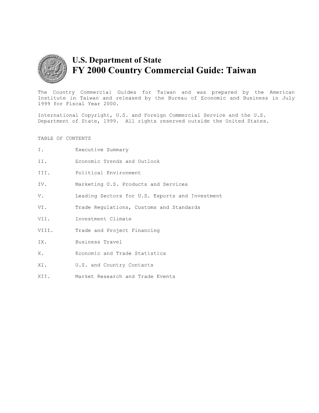 FY 2000 Country Commercial Guide: Taiwan