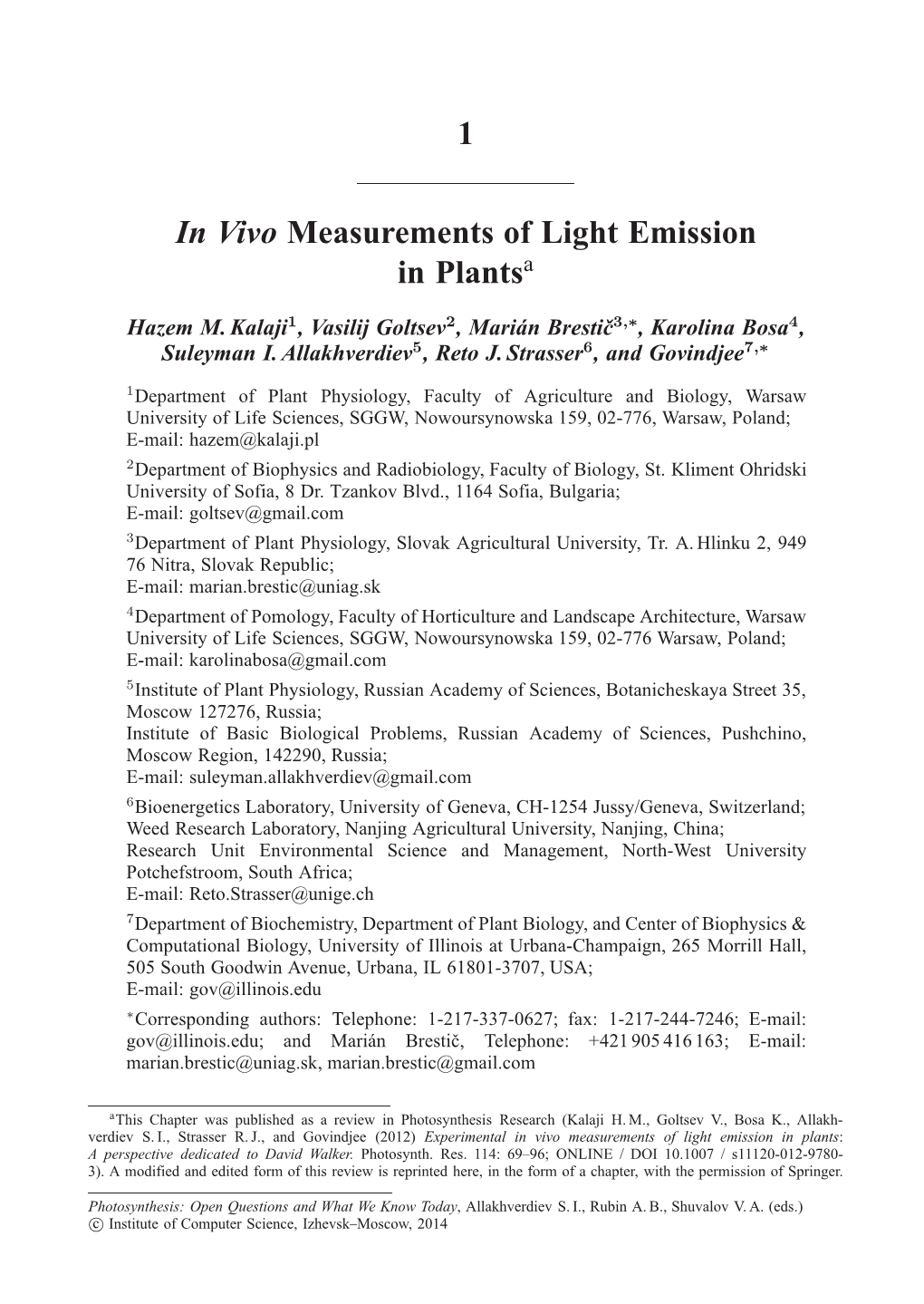 1 in Vivo Measurements of Light Emission in Plants