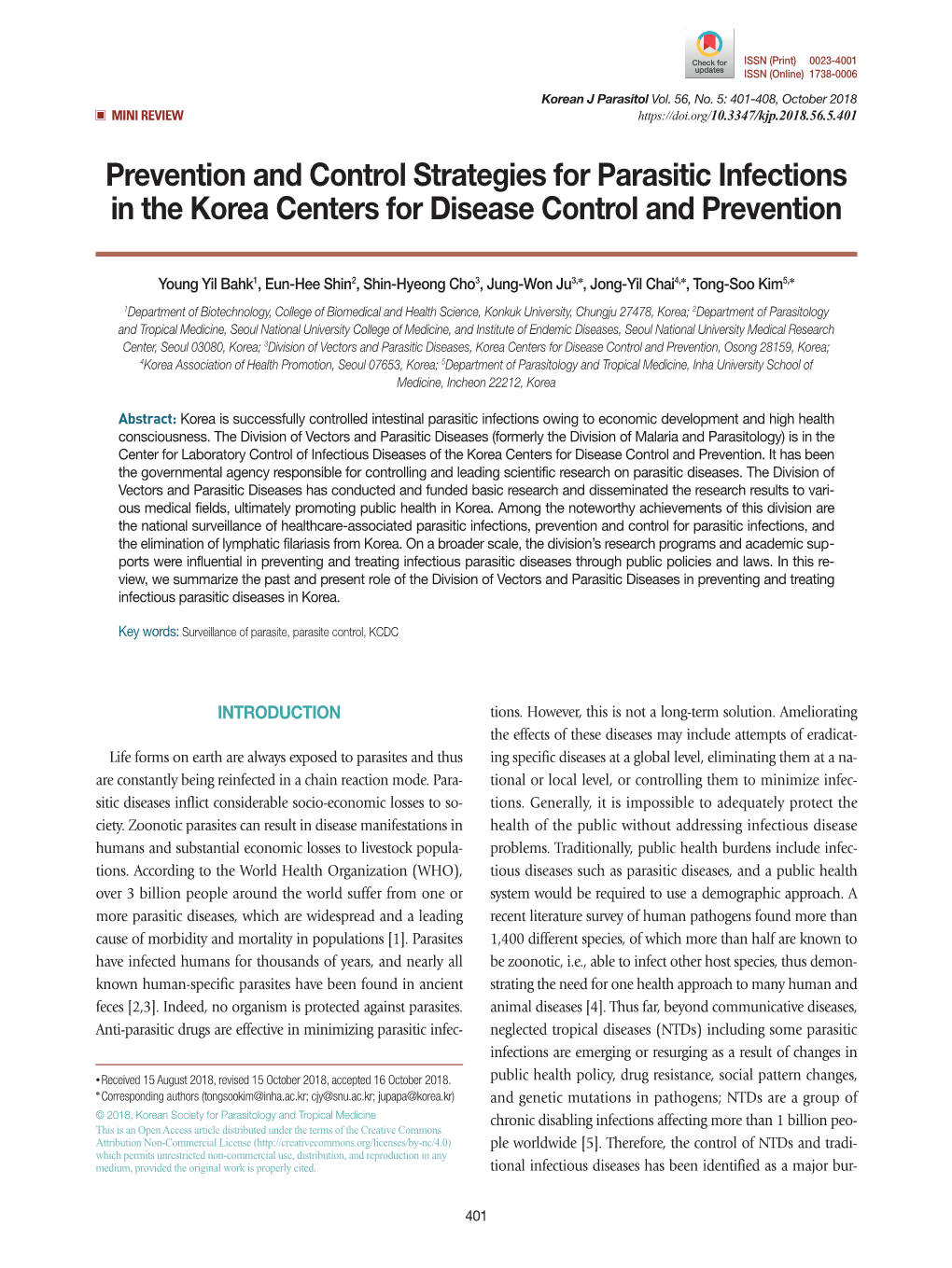 Prevention and Control Strategies for Parasitic Infections in the Korea Centers for Disease Control and Prevention