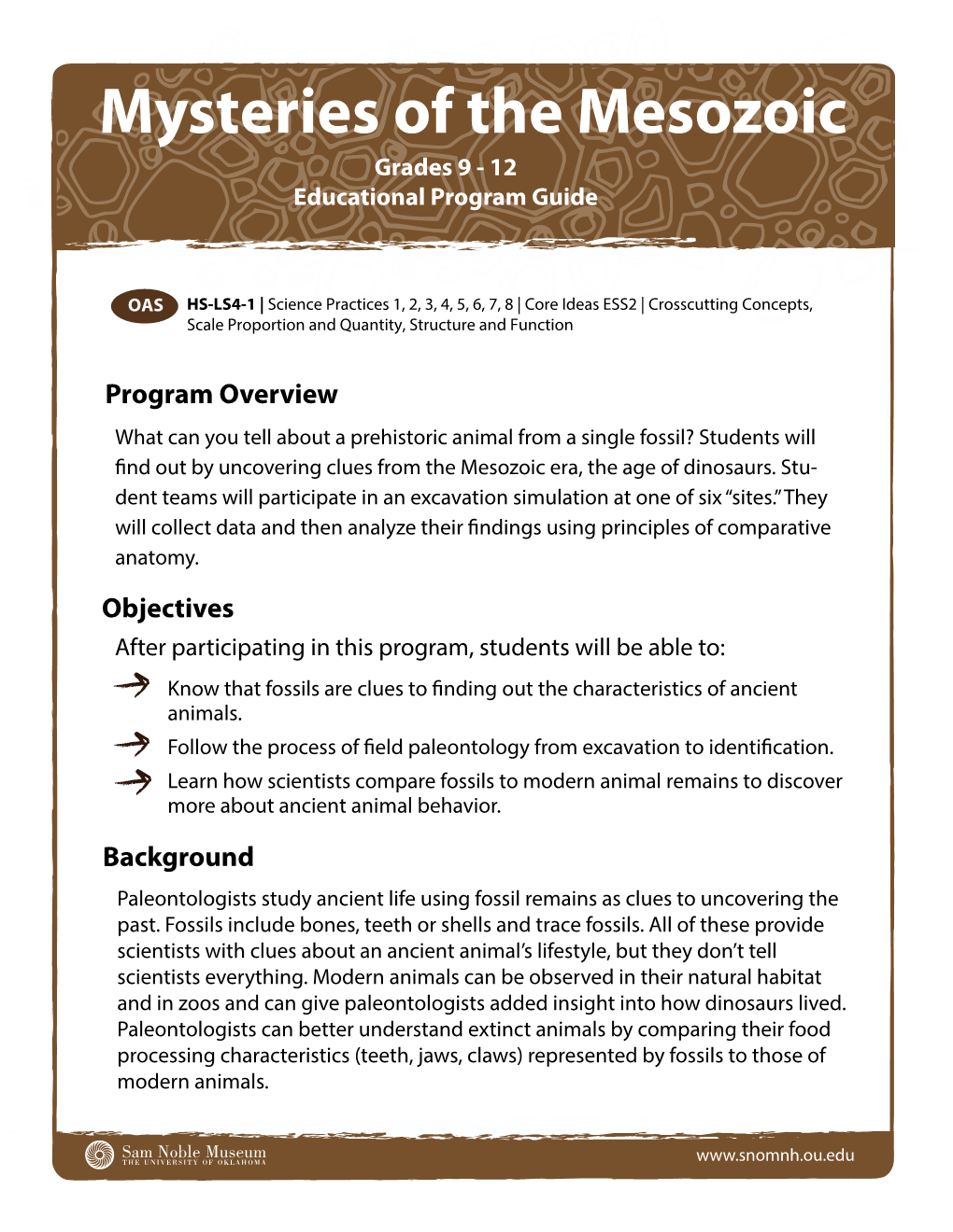 Mysteries of the Mesozoic Grades 9 - 12 Educational Program Guide