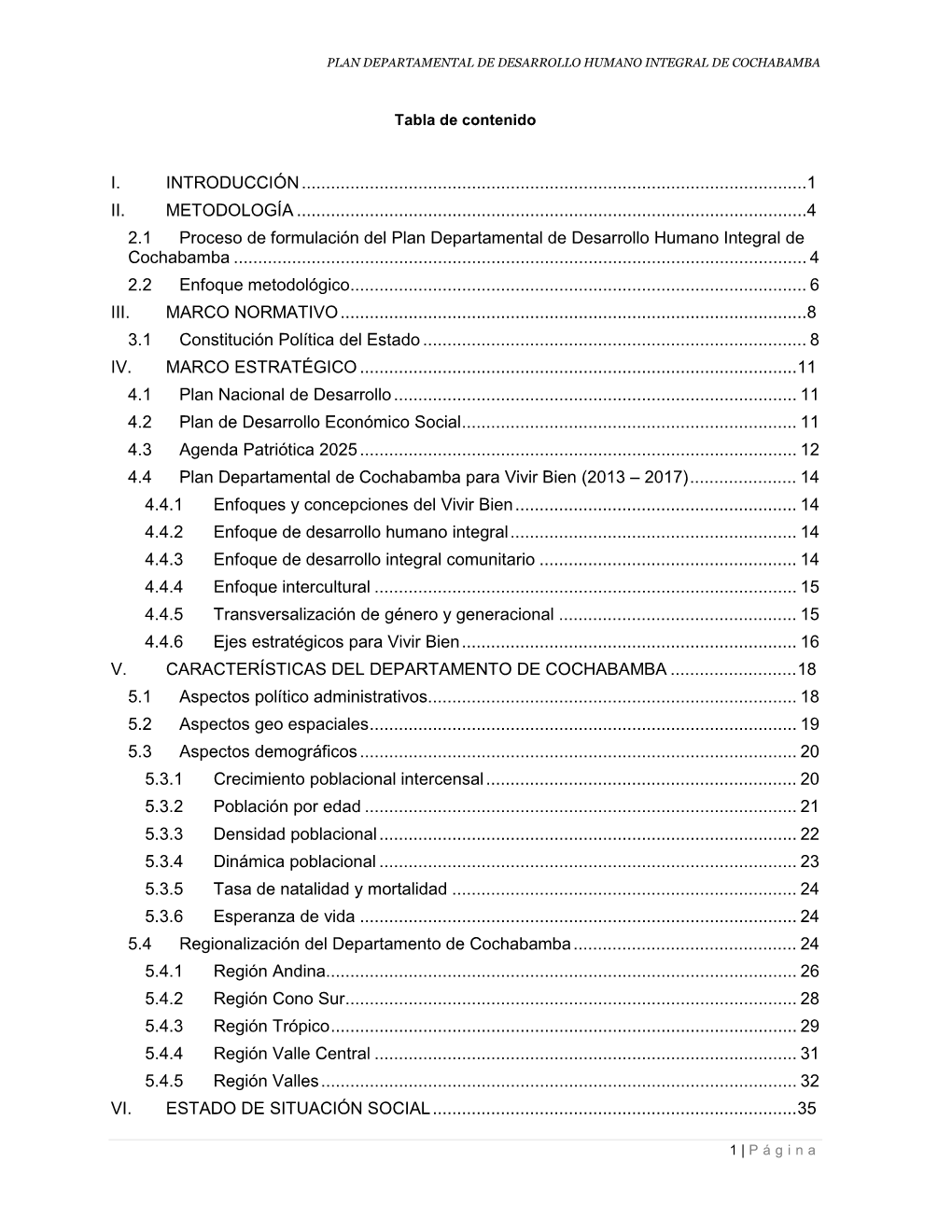 Plan Departamental De Desarrollo Humano Integral De Cochabamba