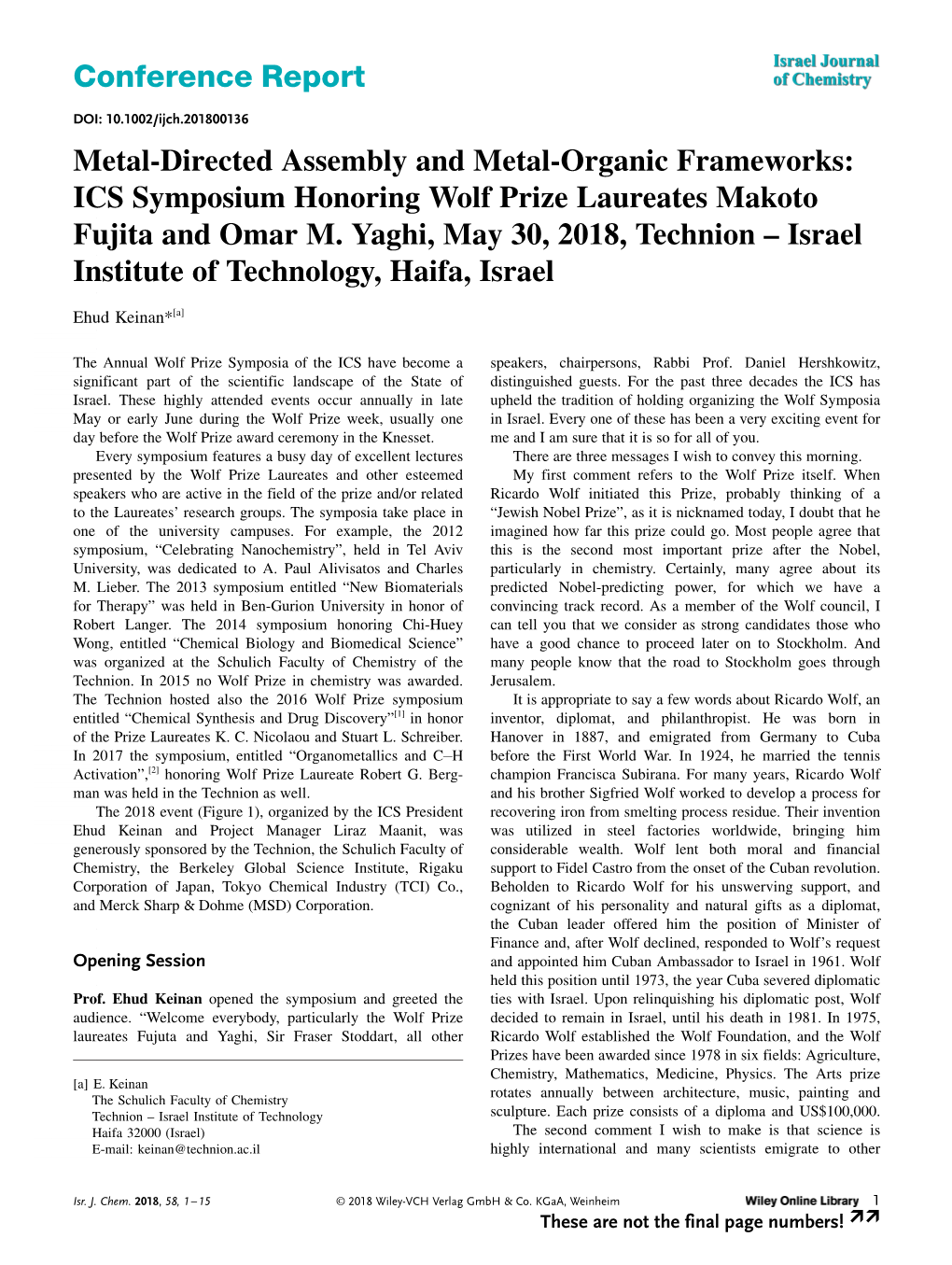 ICS Symposium Honoring Wolf Prize Laureates Makoto Fujita and Omar M