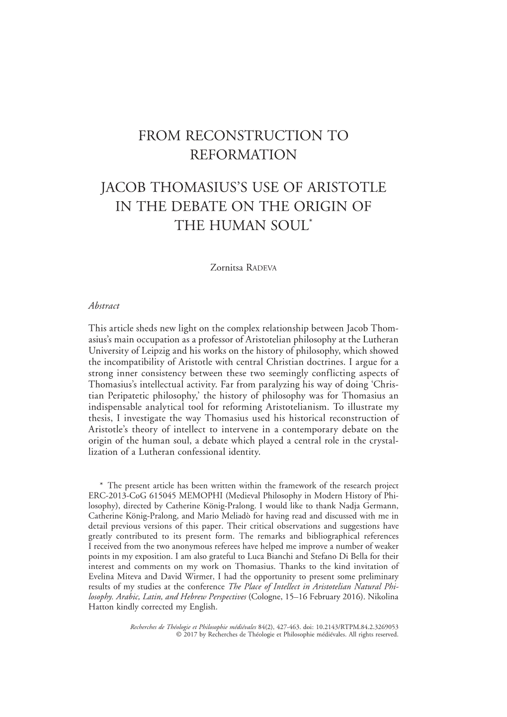 From Reconstruction to Reformation Jacob Thomasius's Use of Aristotle In