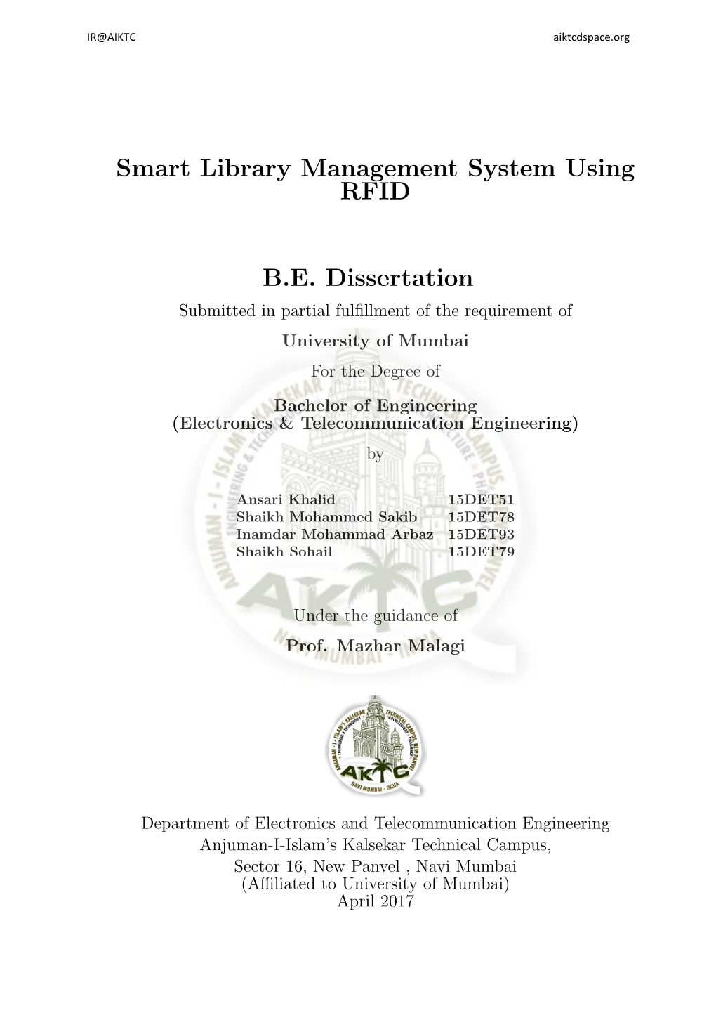 Smart Library Management System Using RFID B.E. Dissertation