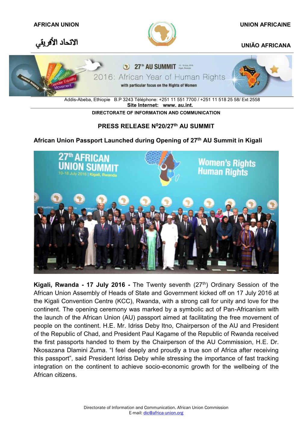 PRESS RELEASE N020/27Th AU SUMMIT African Union Passport