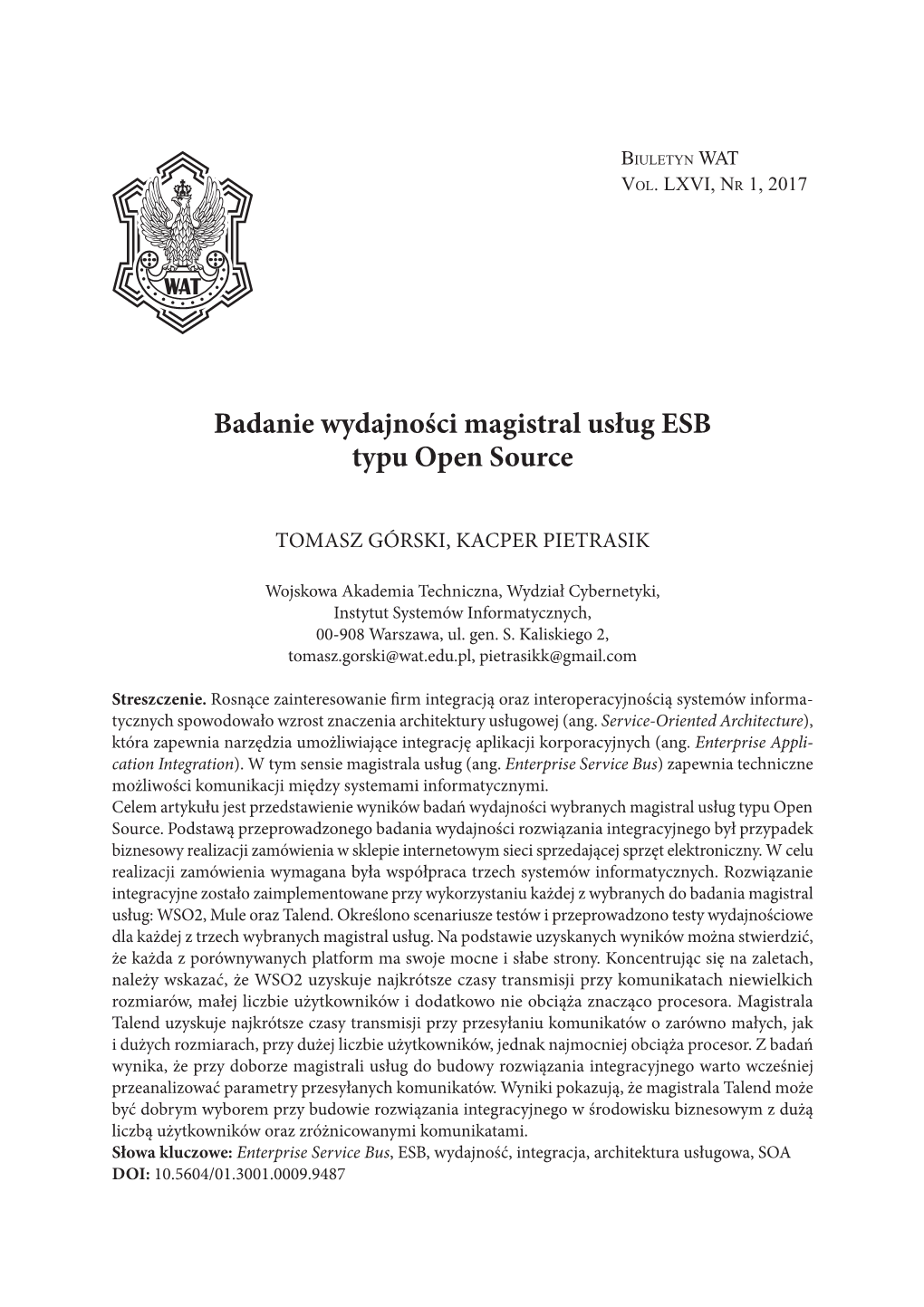 Badanie Wydajności Magistral Usług ESB Typu Open Source