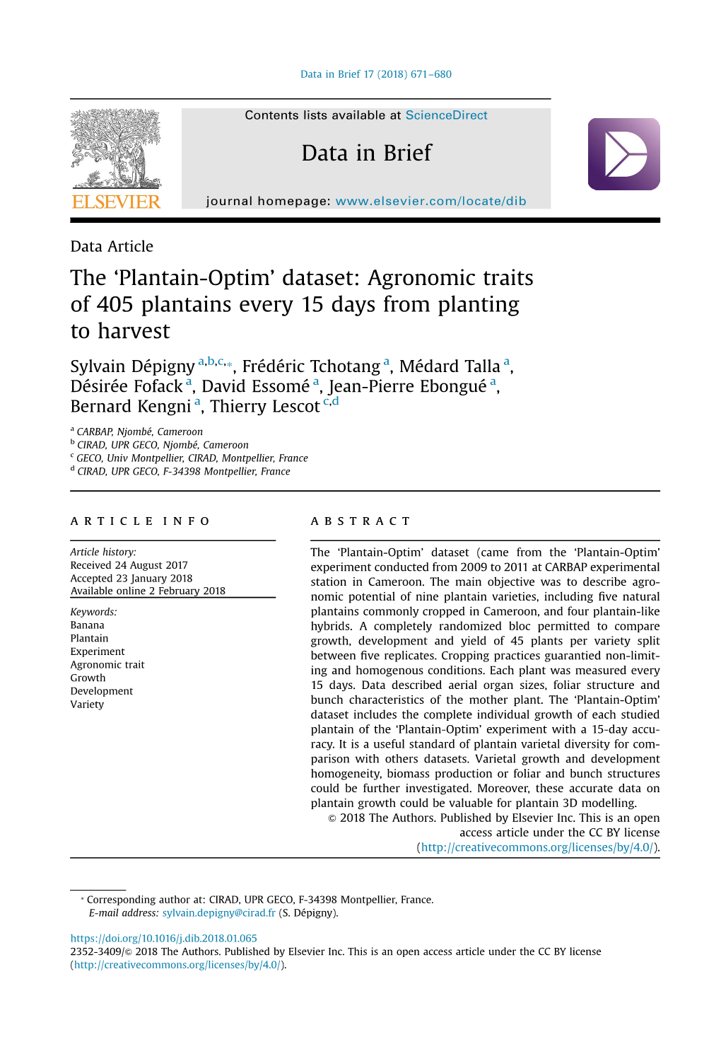 The 'Plantain-Optim' Dataset Agronomic Traits of 405 Plantains