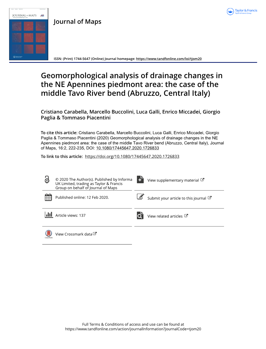 Geomorphological Analysis of Drainage Changes in the NE Apennines Piedmont Area: the Case of the Middle Tavo River Bend (Abruzzo, Central Italy)