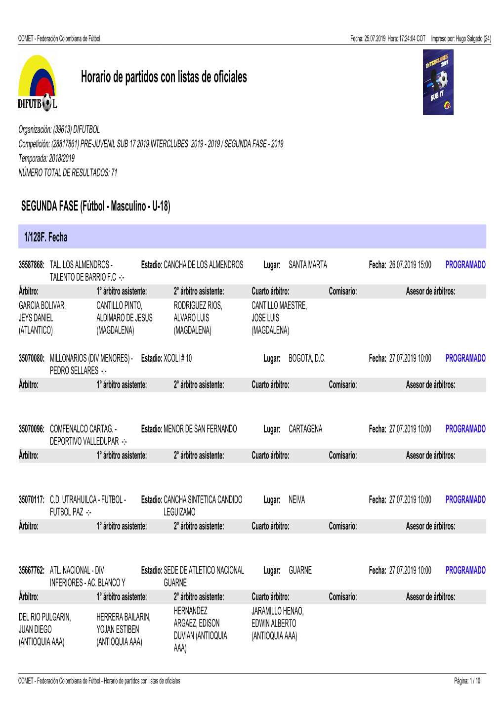 Horario De Partidos Con Listas De Oficiales