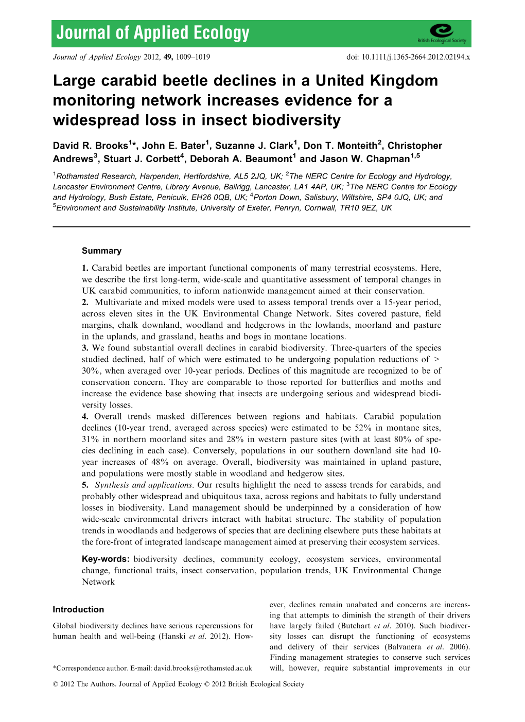 Large Carabid Beetle Declines in a United Kingdom Monitoring Network Increases Evidence for a Widespread Loss in Insect Biodiversity