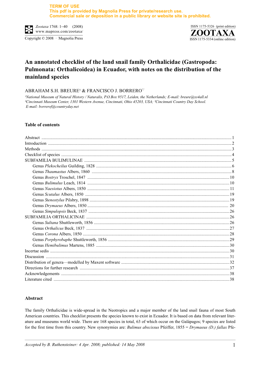 Zootaxa, an Annotated Checklist of the Land Snail Family Orthalicidae