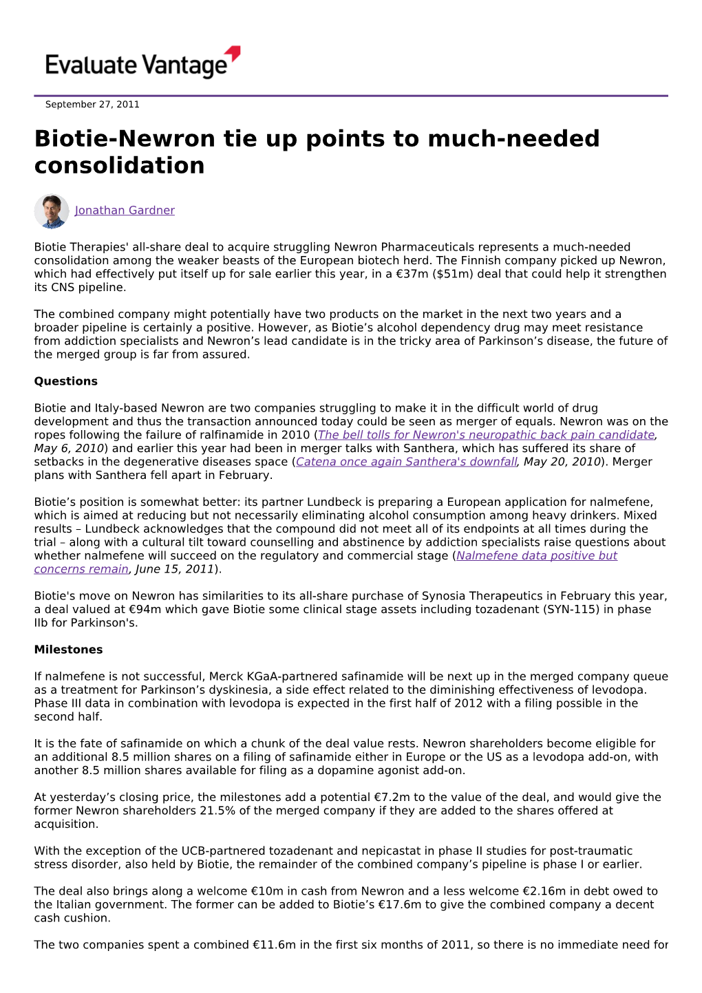 Biotie-Newron Tie up Points to Much-Needed Consolidation