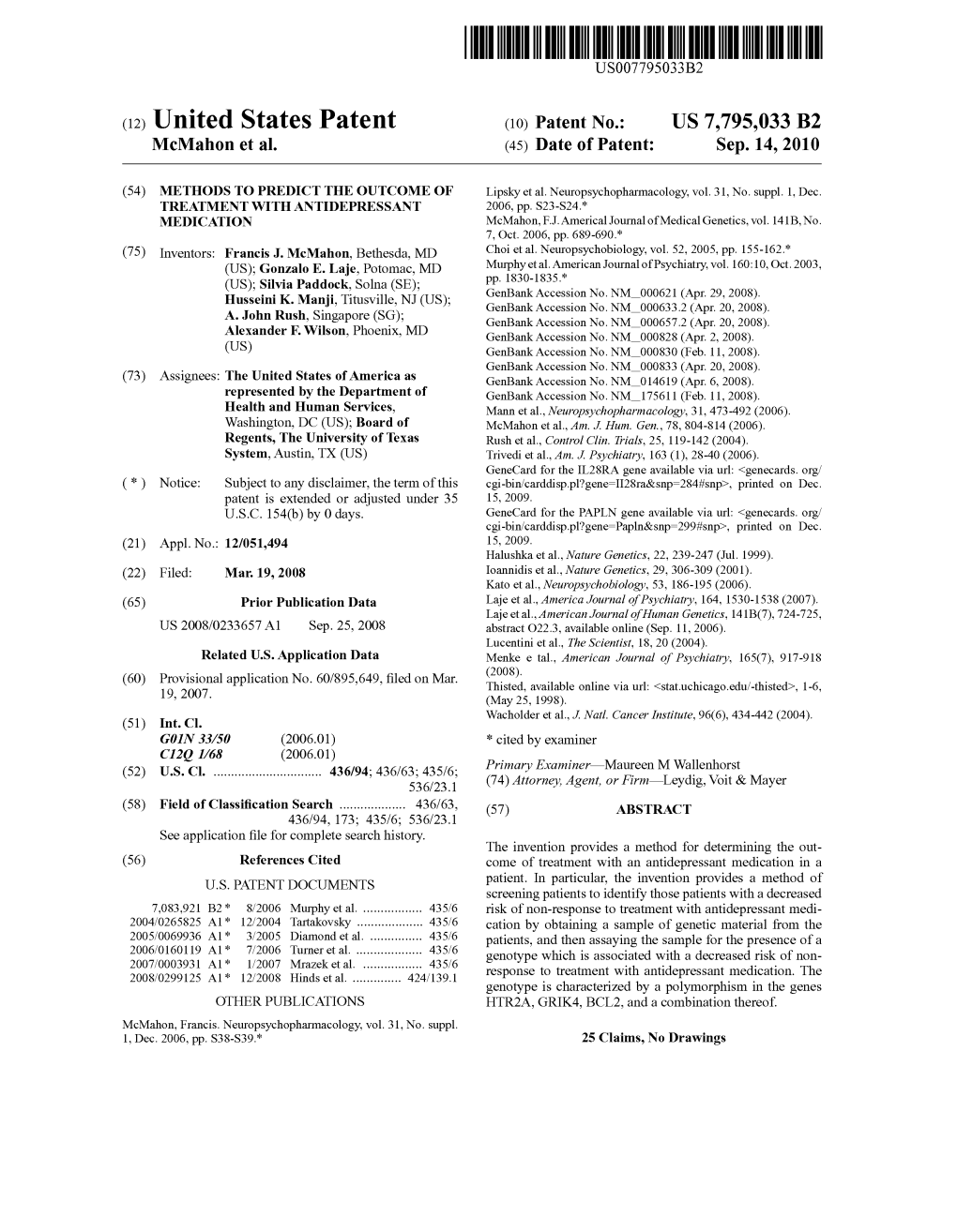 (12) United States Patent (10) Patent No.: US 7,795,033 B2 Mcmahon Et Al