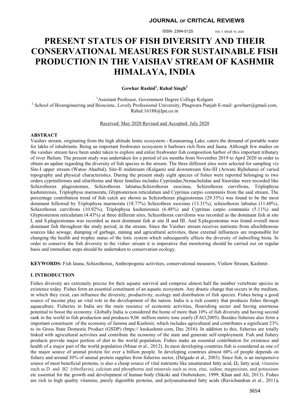Present Status of Fish Diversity and Their Conservational Measures for Sustainable Fish Production in the Vaishav Stream of Kashmir Himalaya, India