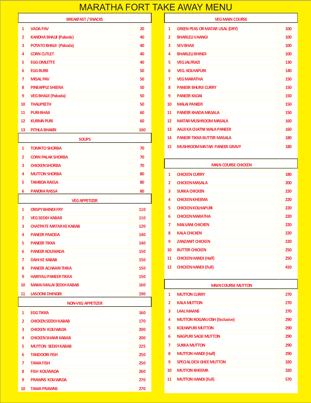 Maratha Fort Take Away Menu