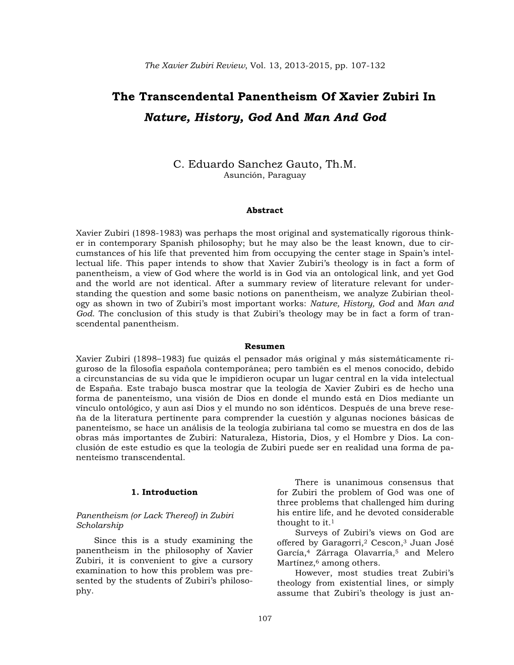 The Transcendental Panentheism of Xavier Zubiri in Nature, History, God and Man and God