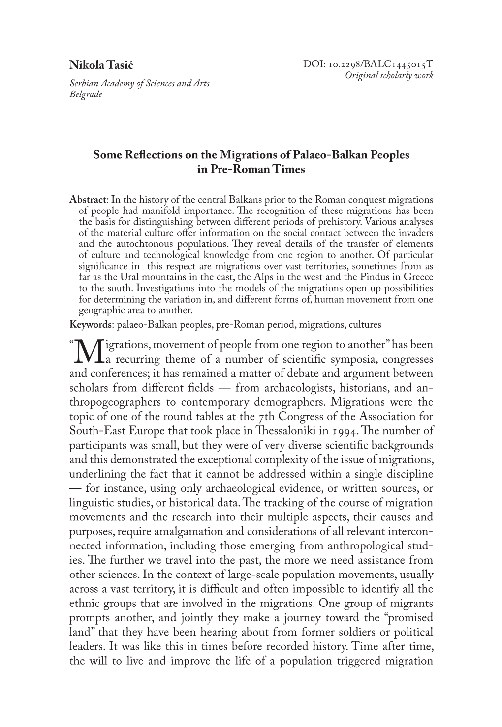 Nikola Tasić Some Reflections on the Migrations of Palaeo-Balkan