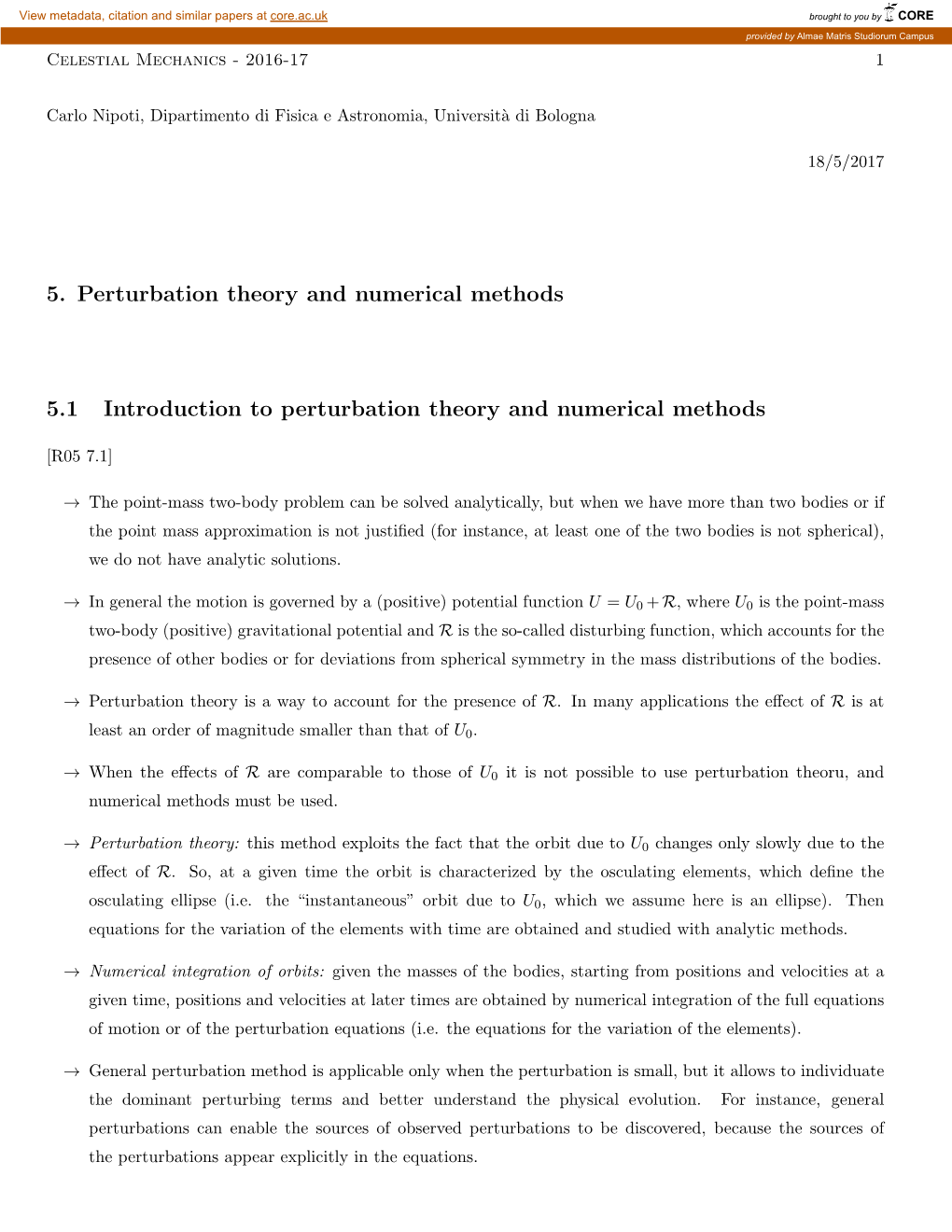 5. Perturbation Theory and Numerical Methods 5.1 Introduction To